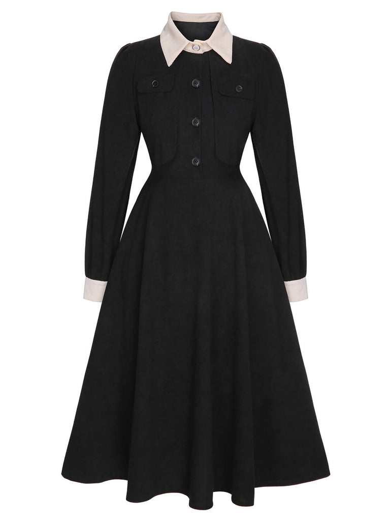 Robe noire à boutons et revers en patchwork des années 1950