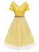 Robe jaune en maille marguerite à col en V des années 1950