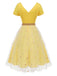 Robe jaune en maille marguerite à col en V des années 1950