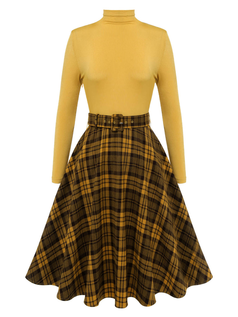 Robe ceinturée à col roulé à carreaux jaune des années 1950
