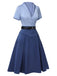 2PCS Chemisier à revers uni et jupe plissée bleu foncé des années 1950