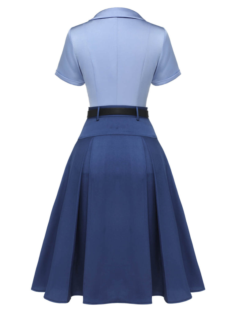 2PCS Chemisier à revers uni et jupe plissée bleu foncé des années 1950