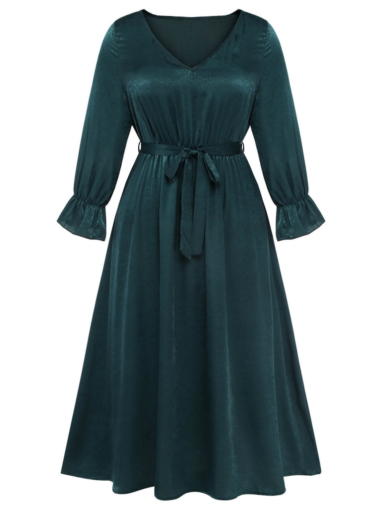 [Grande taille] Robe verte à nouer à la taille et col en V des années 1940