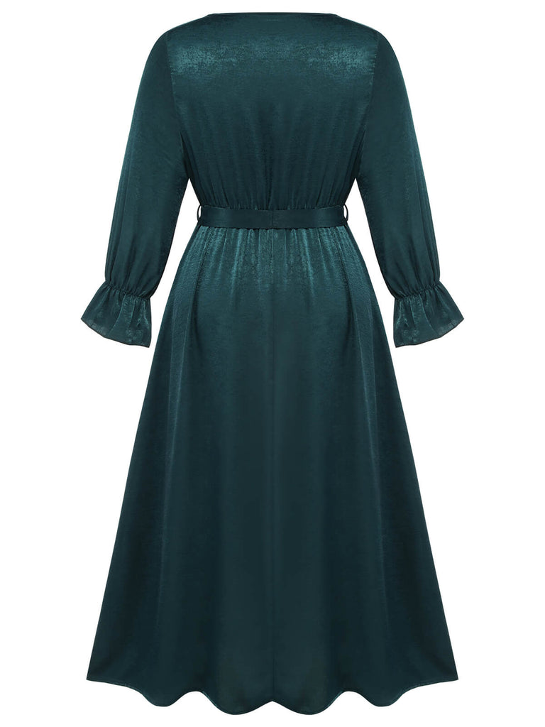 [Grande taille] Robe verte à nouer à la taille et col en V des années 1940