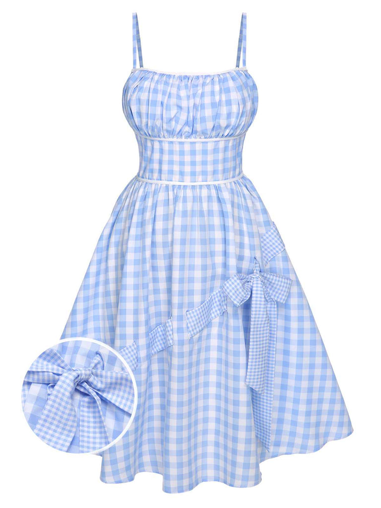 [Pré-vente] Robe bleue à bretelles spaghetti et nœud à carreaux des années 1950