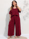 [Grande taille] 2PCS haut et pantalon à épaules dénudées rouge vin des années 1960