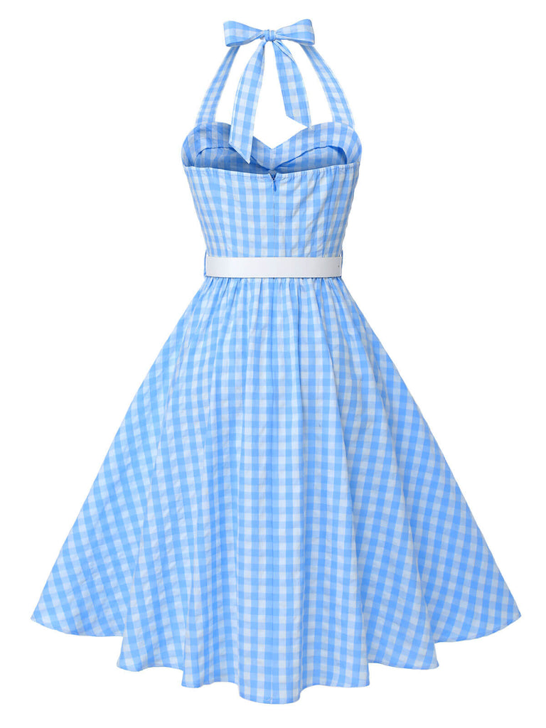 Robe trapèze dos nu à carreaux bleu clair des années 1950