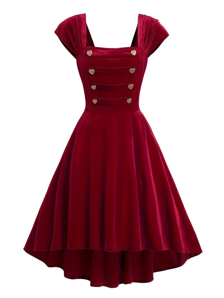 Robe unie bouton coeur rouge vin des années 1950