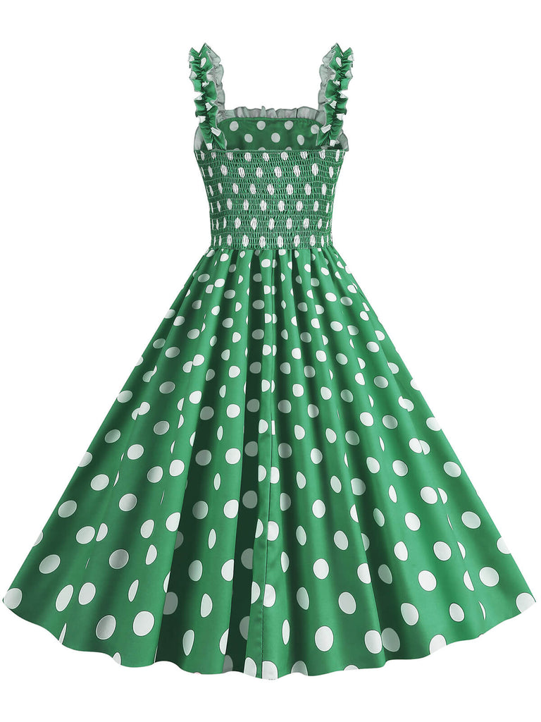 Robe à bretelles smockées à pois des années 1950