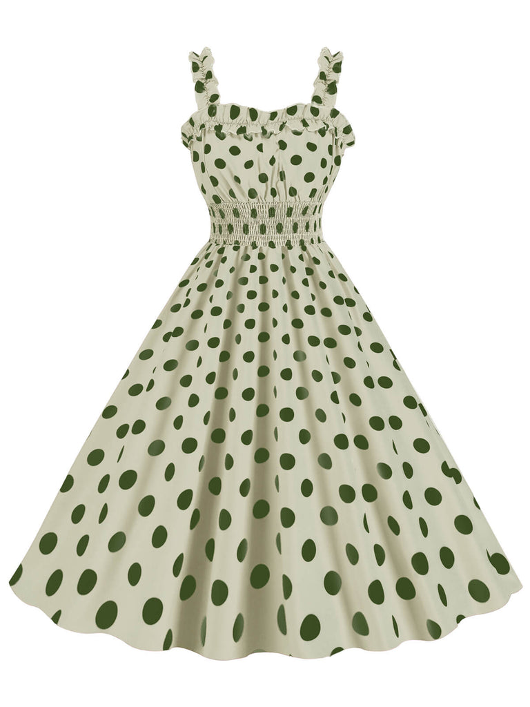 Robe à bretelles smockées à pois des années 1950