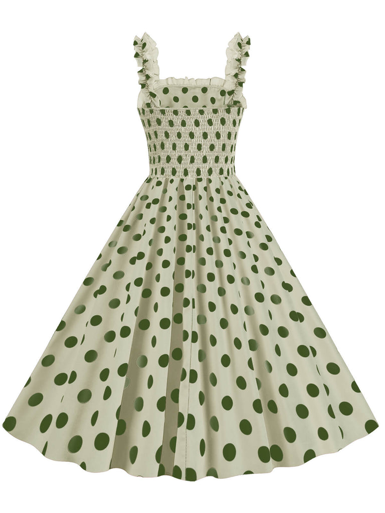 Robe à bretelles smockées à pois des années 1950