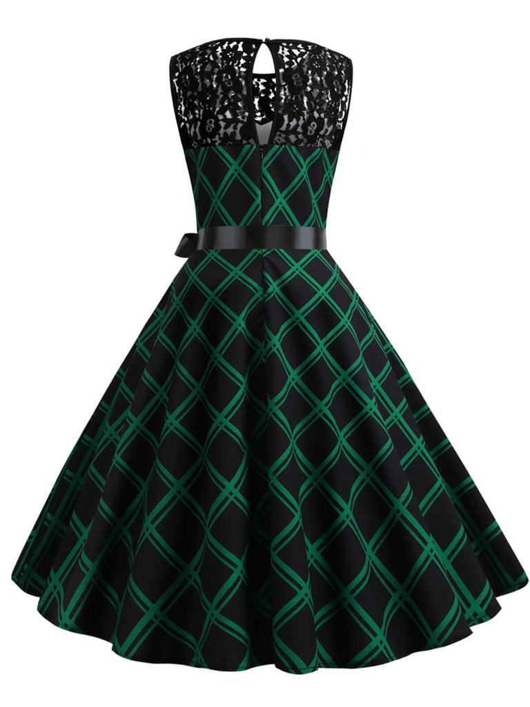 Robe patchwork en dentelle à carreaux verte et noire des années 1950