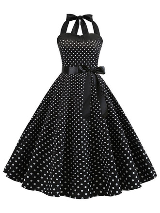 Robe Cocktail à Pois Noire années 1950