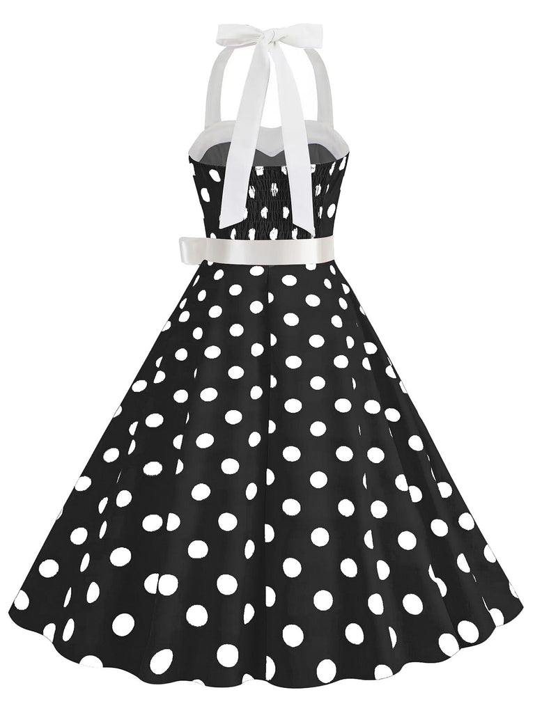 Robe trapèze à ceinture licou à pois des années 1950