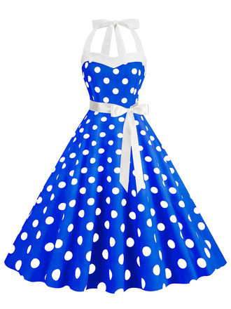 Robe trapèze à ceinture licou à pois bleue des années 1950