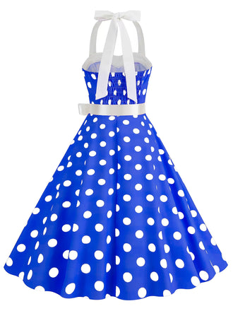 Robe trapèze à ceinture licou à pois bleue des années 1950