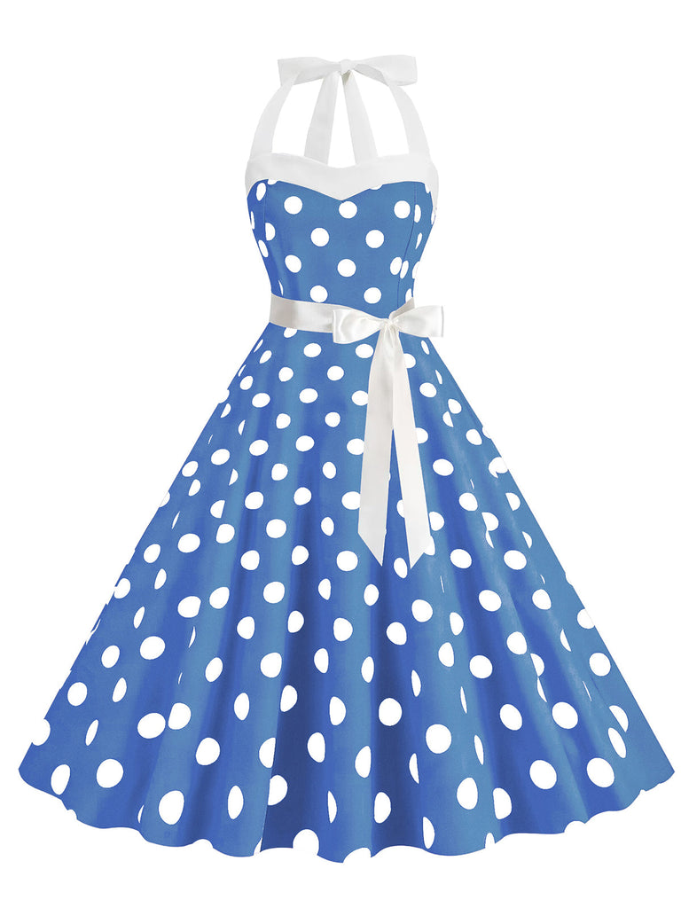 Robe trapèze à ceinture licou à pois des années 1950