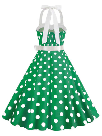 Robe verte trapèze à ceinture licou à pois années 1950
