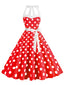 Robe rouge trapèze à ceinture licou à pois années 1950