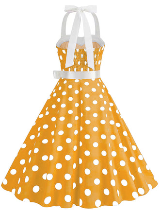 Robe trapèze à ceinture licou à pois des années 1950