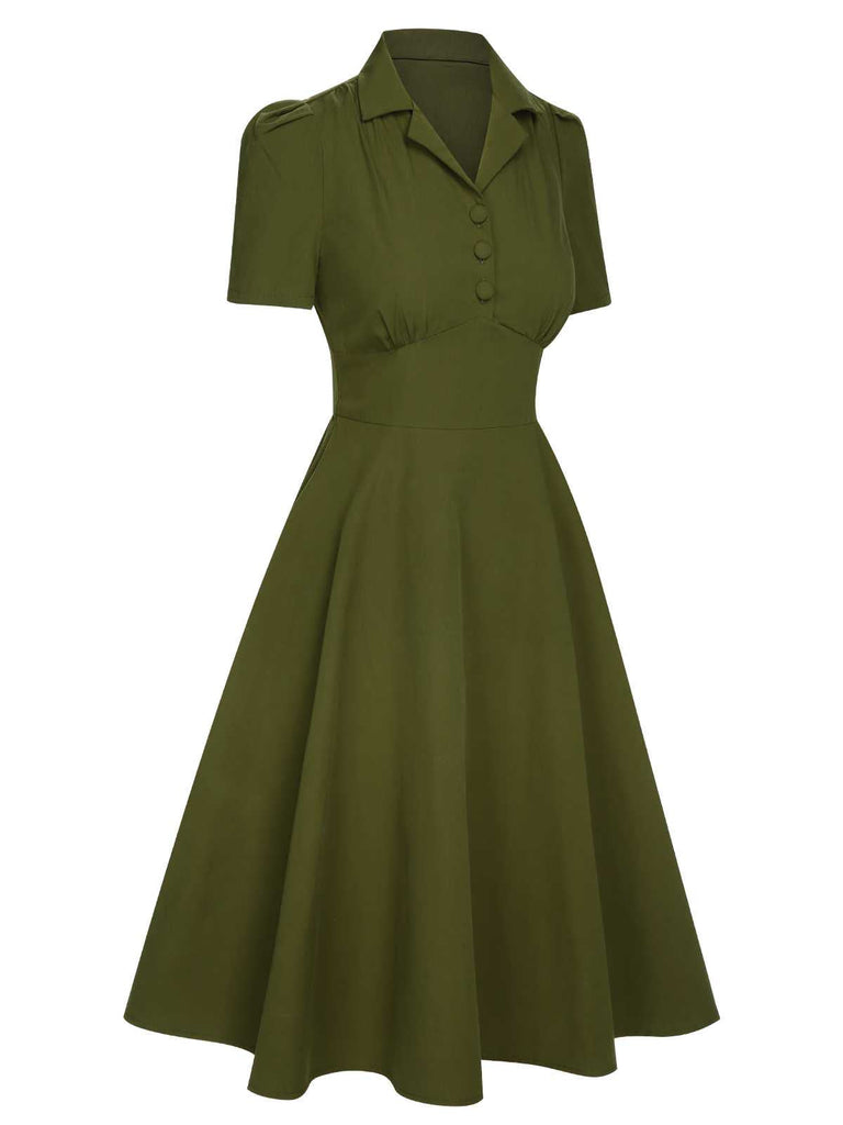 Robe unie boutonnée à revers vert armée des années 40