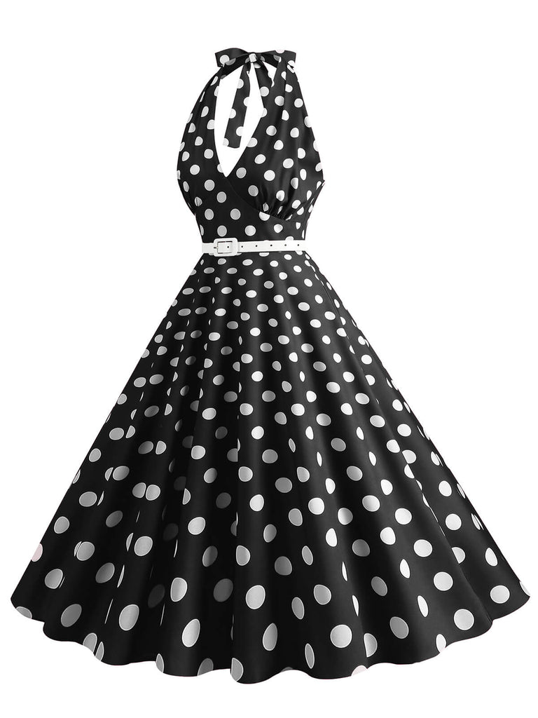 Robe trapèze à imprimé pois et dos nu des années 1950