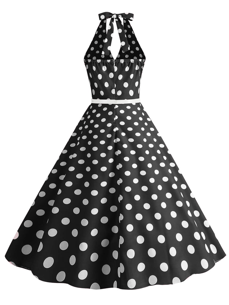 Robe trapèze à imprimé pois et dos nu des années 1950