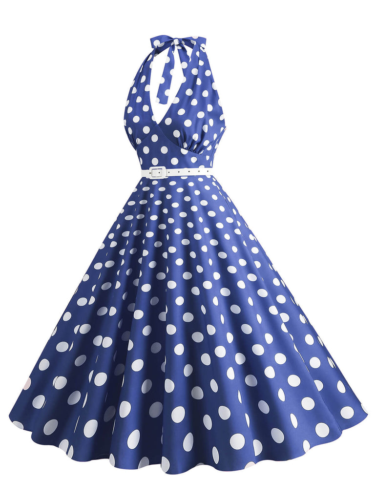 Robe trapèze à imprimé pois et dos nu des années 1950