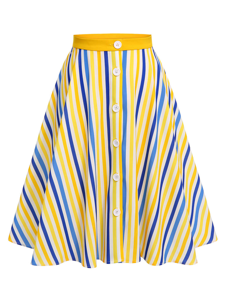 Jupe boutonnée à rayures jaune blanc bleu des années 1950