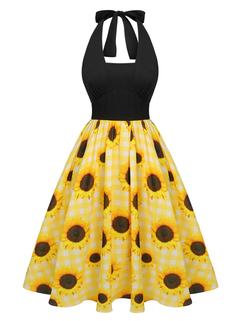 Robe dos nu jaune à carreaux tournesol des années 1950