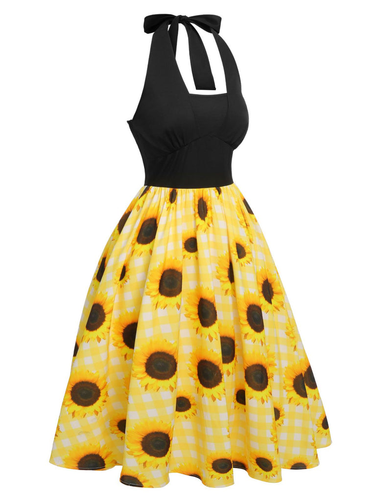 Robe dos nu jaune à carreaux tournesol des années 1950