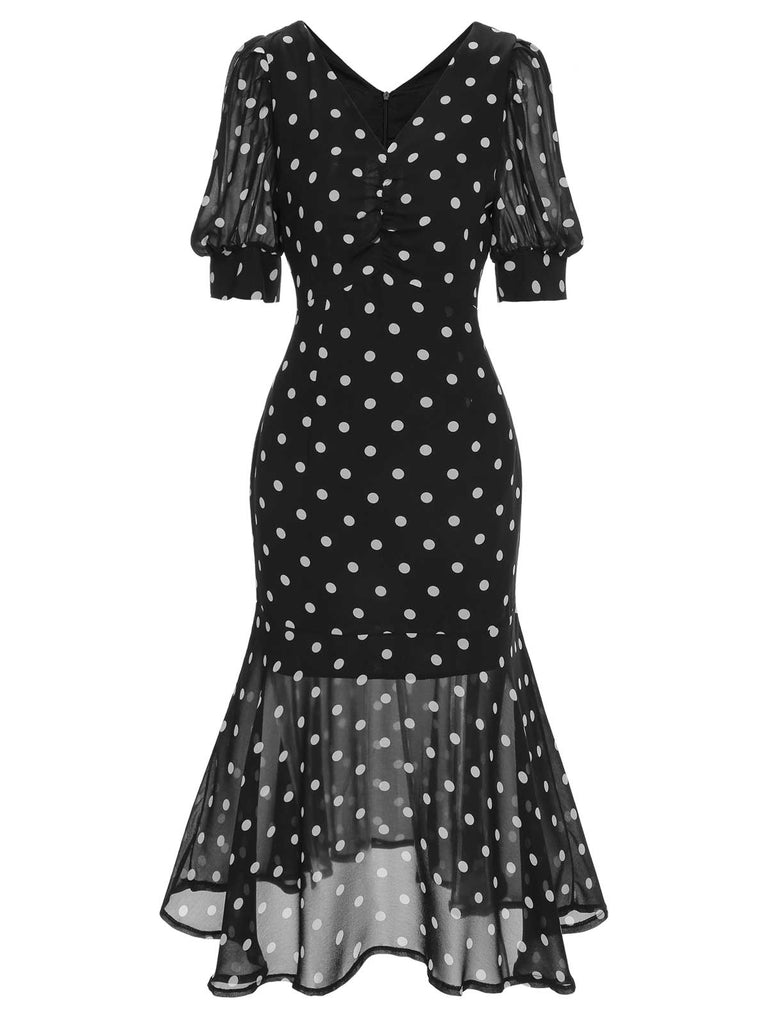 Robe sirène noire en mousseline à pois des années 1930