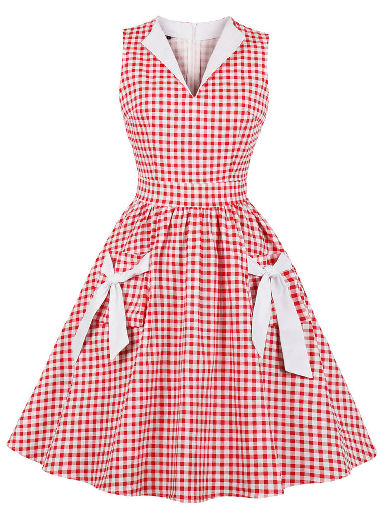 Robe à revers avec poches à carreaux et nœud des années 1950