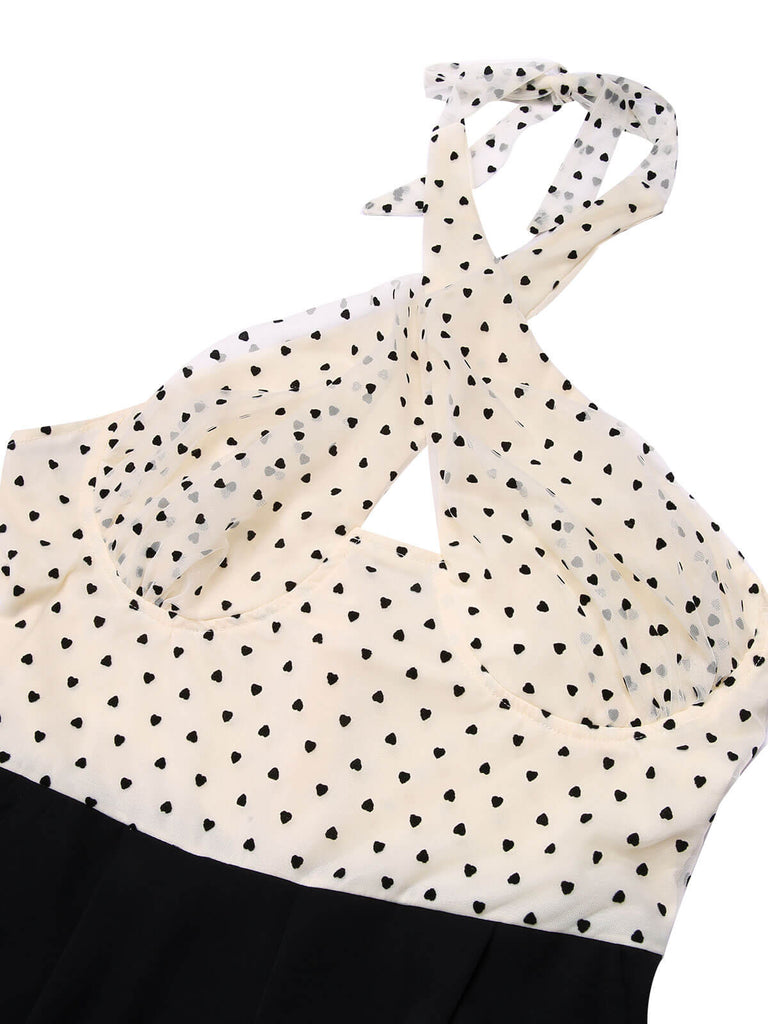 Combinaison dos nu beige et noire à pois coeur des années 1950