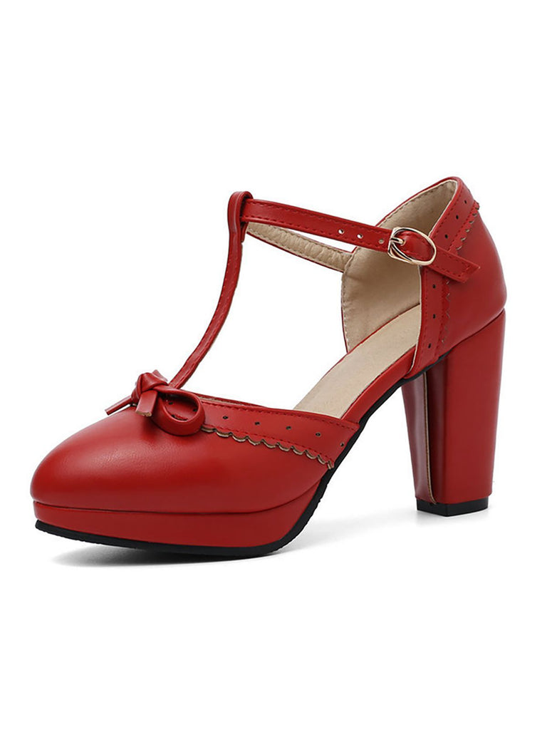 Chaussures Vintage à Talons Hauts avec Sangle en T Rouge