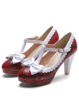 Chaussures Rouge à Talons Chunky Rétro à Bride en T et Nœud Papillon