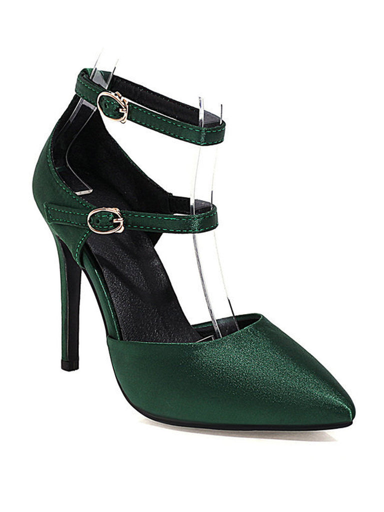 Chaussures à Talons Hauts Pointues en Satin Vert Foncé