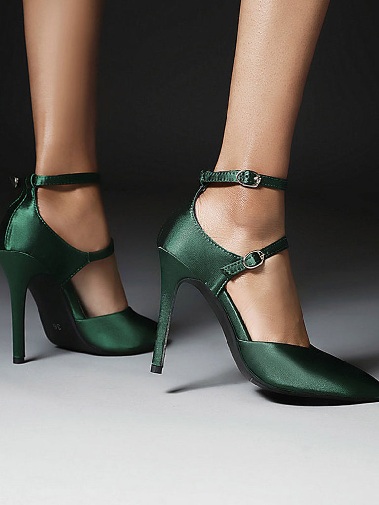 Chaussures à Talons Hauts Pointues en Satin Vert Foncé