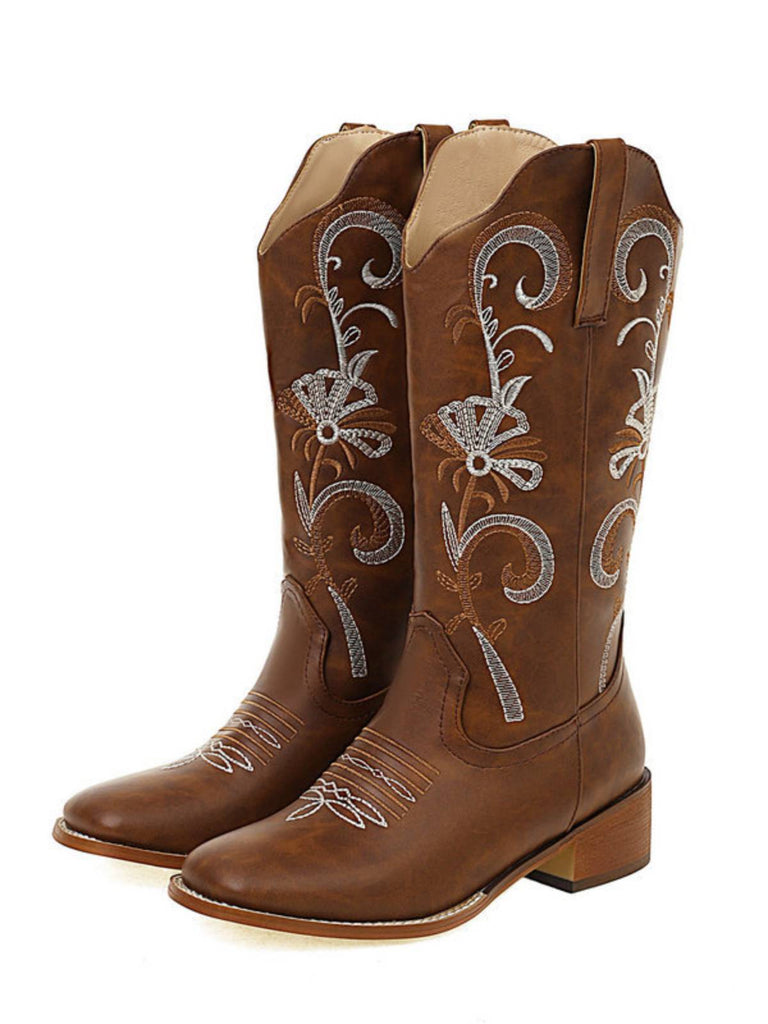 Bottes longues compensées en cuir brodé vintage