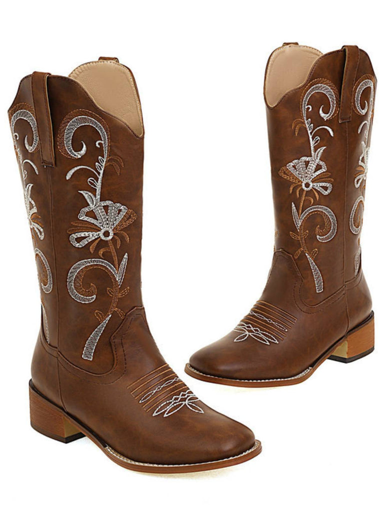 Bottes longues compensées en cuir brodé vintage