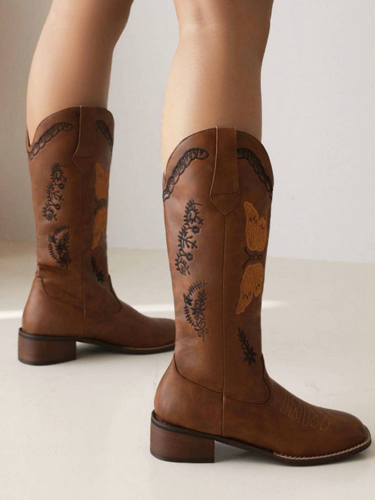 Bottes à talons compensées longs en cuir uni rétro