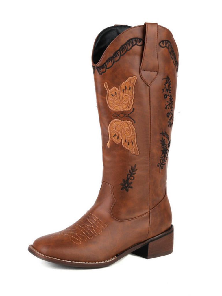 Bottes à talons compensées longs en cuir uni rétro