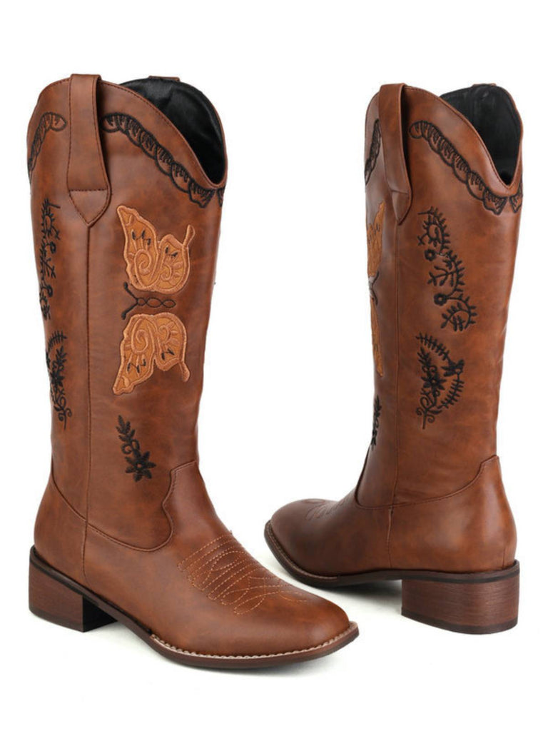 Bottes à talons compensées longs en cuir uni rétro