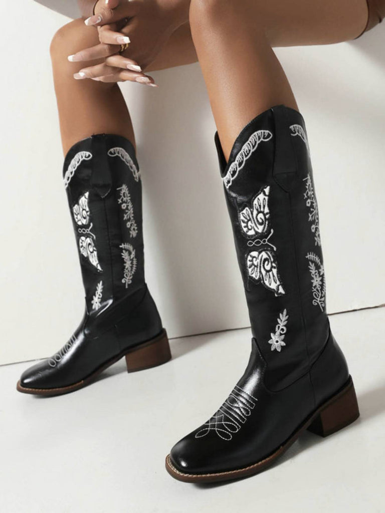 Bottes à talons compensées longs en cuir uni rétro