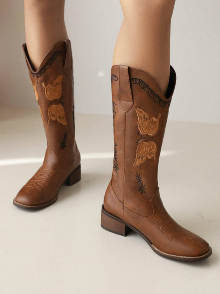 Bottes à talons compensées longs en cuir uni rétro