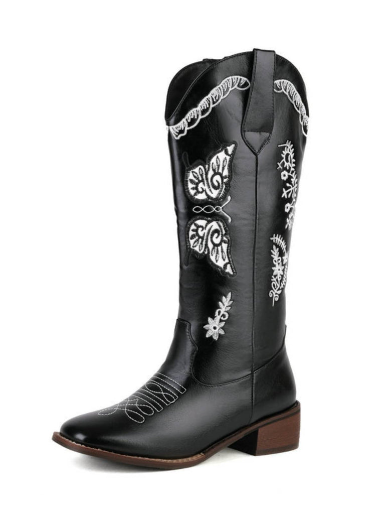 Bottes à talons compensées longs en cuir uni rétro