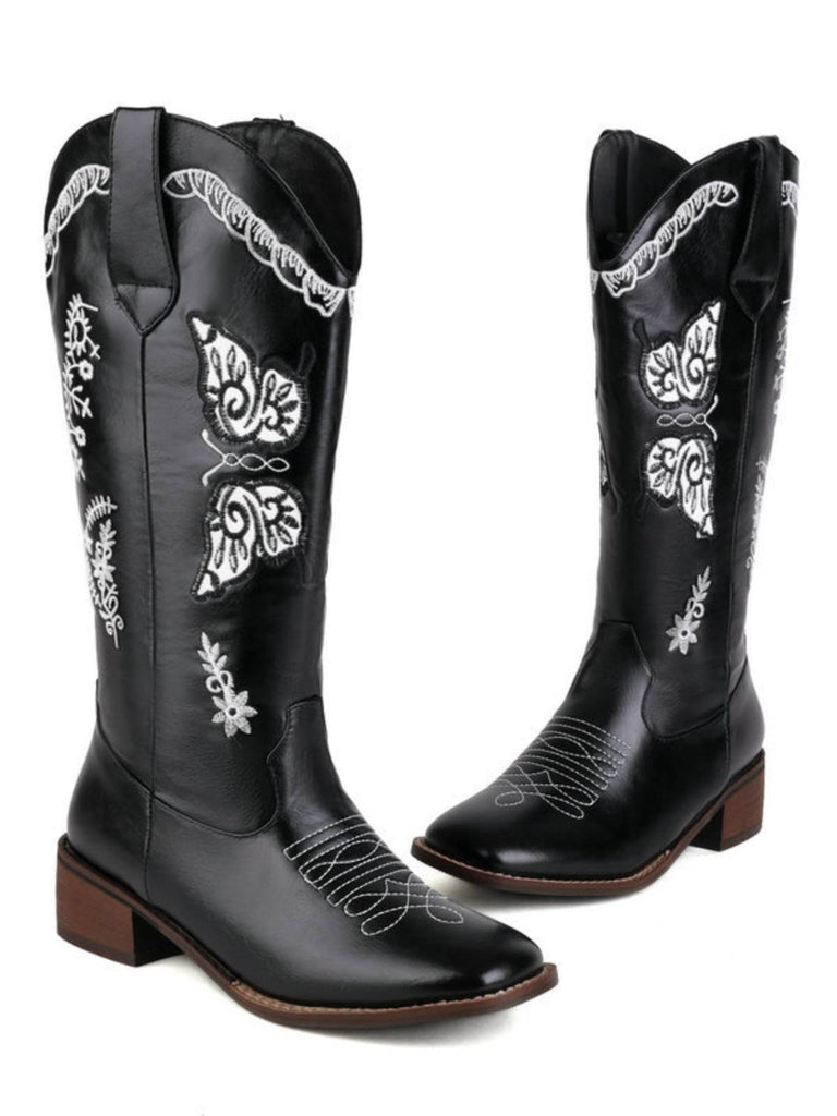 Bottes à talons compensées longs en cuir uni rétro