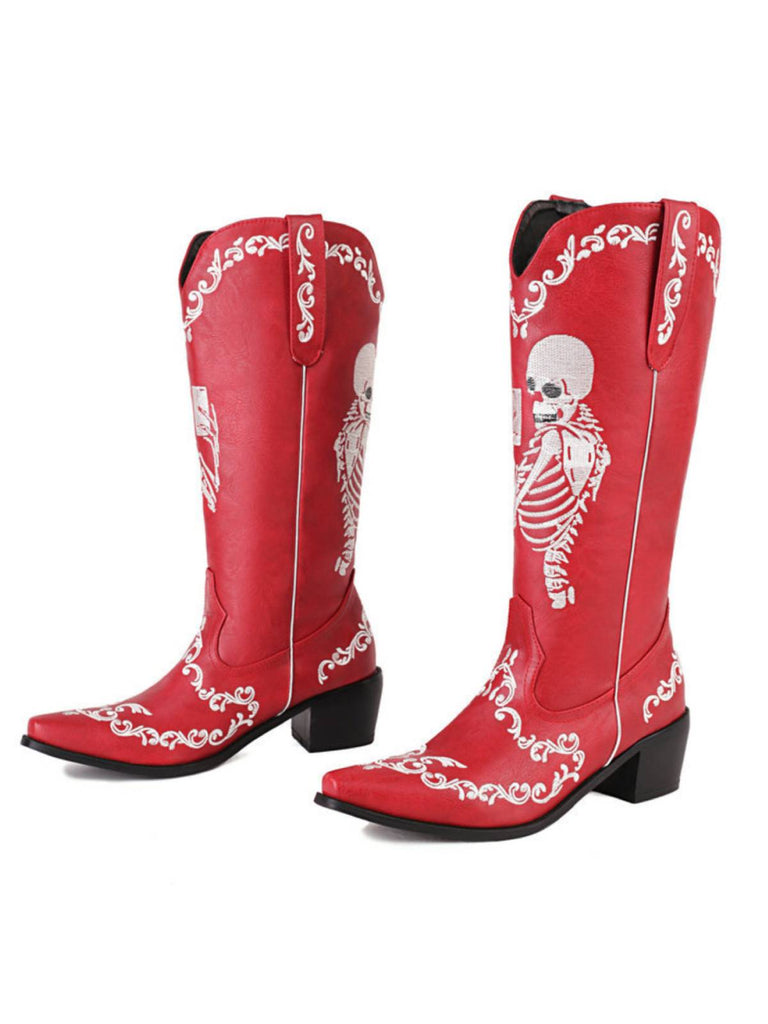 Bottes à talons épais pointus avec broderie squelette