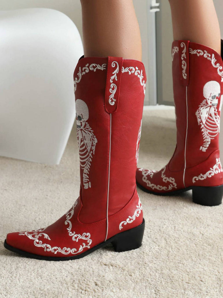 Bottes à talons épais pointus avec broderie squelette