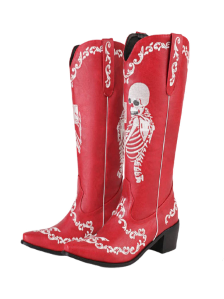 Bottes à talons épais pointus avec broderie squelette